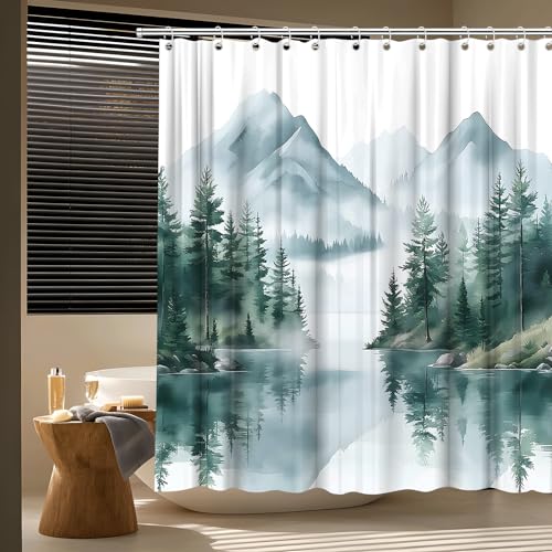 Green Misty Forest Mountain Shower Curtain - Watercolor Nature Design