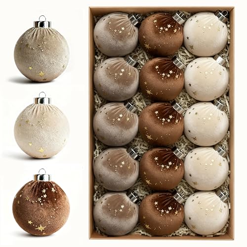 Upgraded Brown Velvet Christmas Tree Ornaments 15 pcs - Shatterproof Holiday Decor