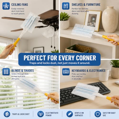 30 Disposable Microfiber Duster Refills with Handle for Home Cleaning
