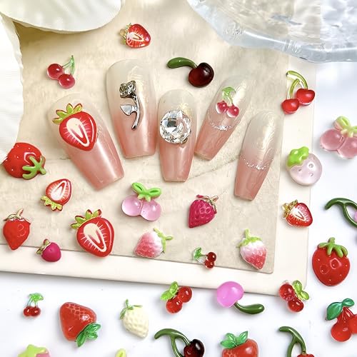 Tephrent 150pcs 3D Strawberry and Cherry Resin Nail Charms Flatback Rhinestones