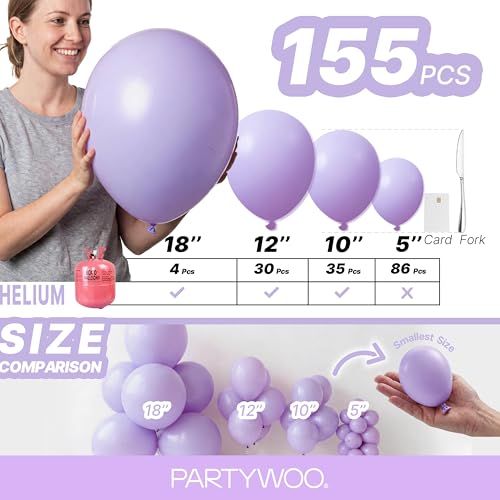 PartyWoo Lavender Balloons - 155pcs Light Purple, 5/10/12/18 inch