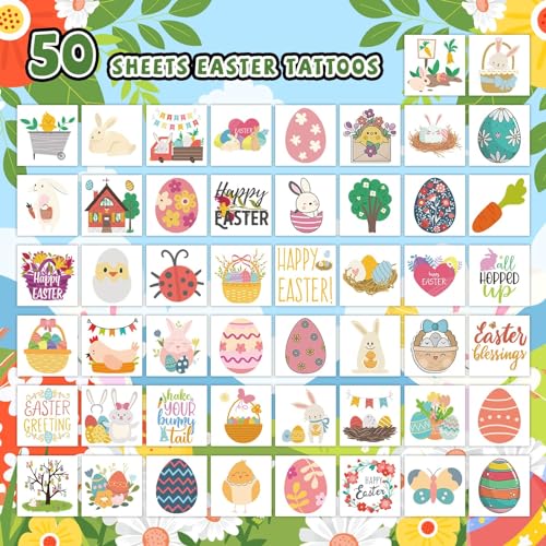 EMOME Easter Temporary Tattoos for Kids 50-Pack Party Favors Basket Stuffers