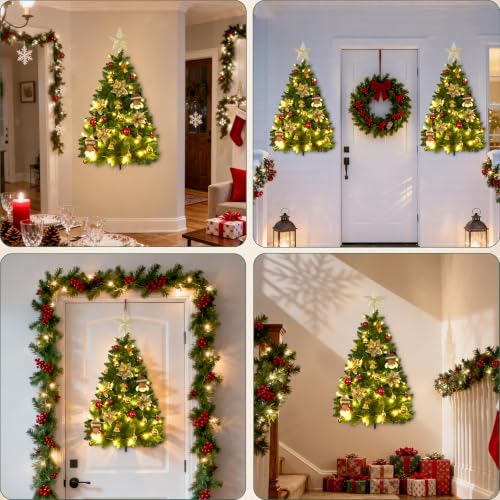 Dark Green 3FT Wall Christmas Tree Half Hanging with Lights & Ornaments - Pet Safe