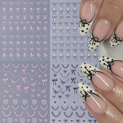 SHUXILIN Heart Bow Nail Stickers 8 Sheets Self-Adhesive Pink White Ribbons
