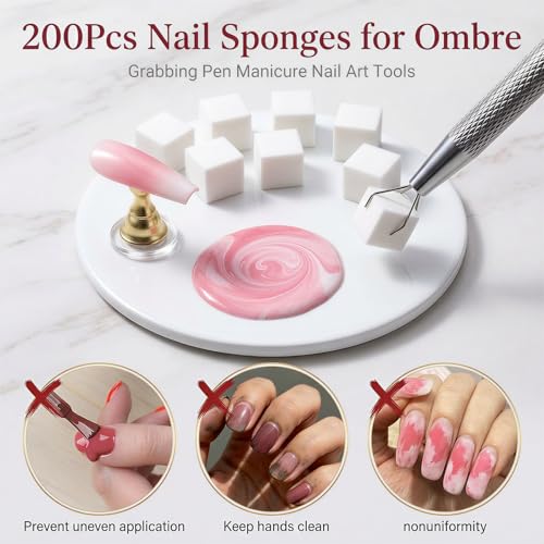 Chedin Ombre Nail Sponge Set with Grab Pen – 200PCS Soft Gradient Sponges and Storage Case