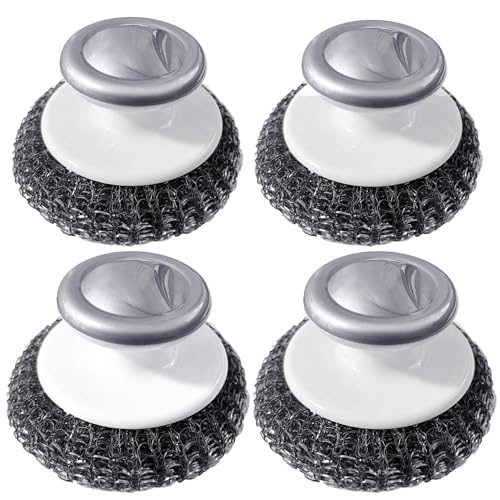 Heavy Duty Stainless Steel Wool Scrubber with Handle - 4 Pack