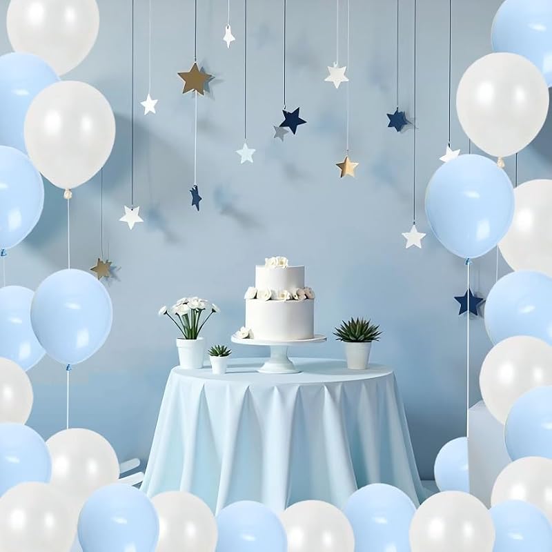 36-Piece Pearl White and Pastel Blue 12-Inch Latex Balloon Kit with Ribbon and Glue