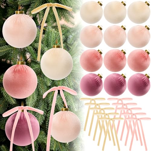 Pink Velvet Christmas Ornaments Set - 36 Pieces, 4 Inch Decorations with Bows