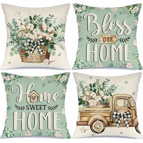 Farmhouse Eucalyptus Throw Pillow Covers 18x18, Set of 4, Teal & Green