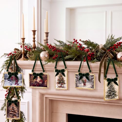 Christmas Picture Frame Ornaments Set - Vintage Brass & Hunter Green Bows