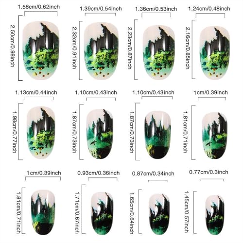 Green Press on Nails Medium Oval False Nails Forest Pine Tree Design 24Pcs