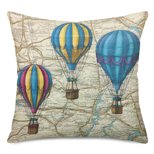 Fukeen Map Hot Air Balloon Retro Cotton Linen Throw Pillow Cover 18x18 Inches