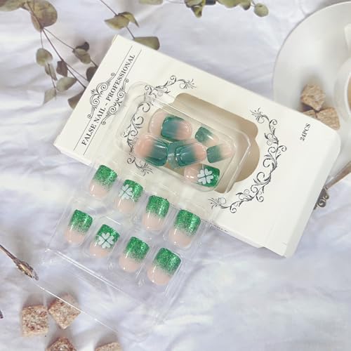 St. Patrick's Day Short Square Green French Tip Press on Nails with Clover