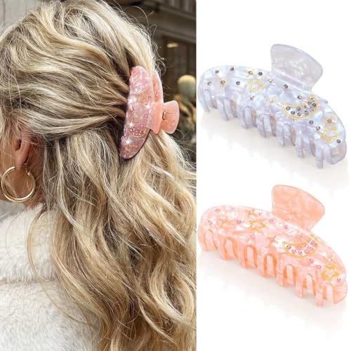 CAKURE Acrylic Hair Claw Clips 2-Pack Medium Shell Star Moon Rhinestone