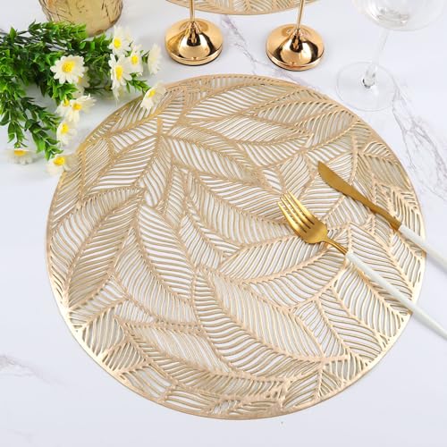 Gold Round Leaf Placemats Set of 8 - Modern Dining Table Decor