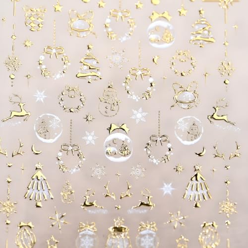 Namrec 5D Embossed Gold Christmas Nail Stickers Xmas Tree Snowflake Decals