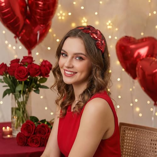 SUMERSHA Red Sequin Heart Headband Glitter Love Hair Band for Women
