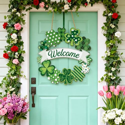 St. Patrick's Day Shamrock Welcome Sign - 11" Wooden Wreath