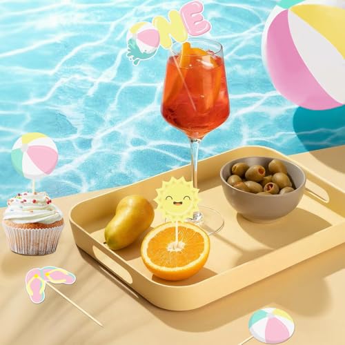 24 Pcs Pink Beach Ball Cupcake Toppers for 1st Birthday