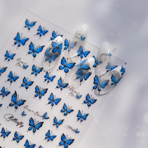 LIFOOST 5D Embossed Blue Butterfly Nail Stickers Glitter Decals DIY Manicure