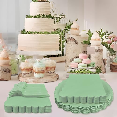 7-Inch Sage Green Scalloped Paper Plates and Napkin Set for 25 Guests