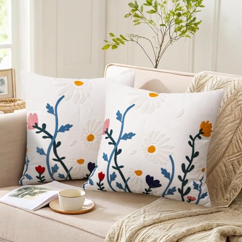 Merrycolor Floral Embroidered Pillow Cover 18x18 Cotton Canvas
