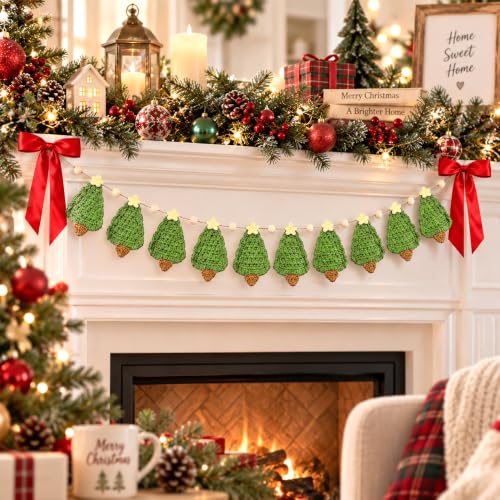 6.7ft Crochet Christmas Tree Garland with Wooden Beads and Red Bows - Rustic Holiday Decor