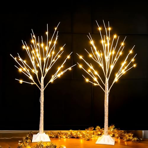 Lighted Birch Trees 4ft 2 Pack with Timer & LED Warm White Lights Indoor Outdoor