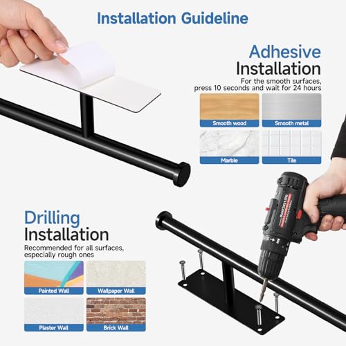 TONHTCAT Black Under Cabinet Paper Towel Holder with 5 Hooks & Extended Arm