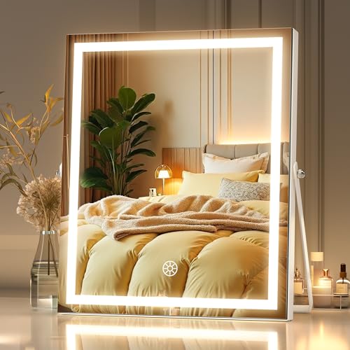 MINISO Vanity Mirror with Lights, 9.8" x 11.8" LED Makeup Mirror, Light & Brightness Adjustment, Smart Sensor, Aluminum Alloy Metal White Frame, with 5X Magnifying Glass
