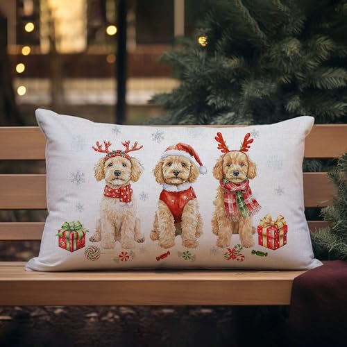 Golden Red Christmas Pillow Cover 12x20 Inch Holiday Dog Decor for Sofa & Couch