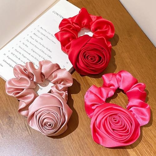 Wine Red Satin Rose Hair Tie Vintage Flower Hair Elastic Accessory
