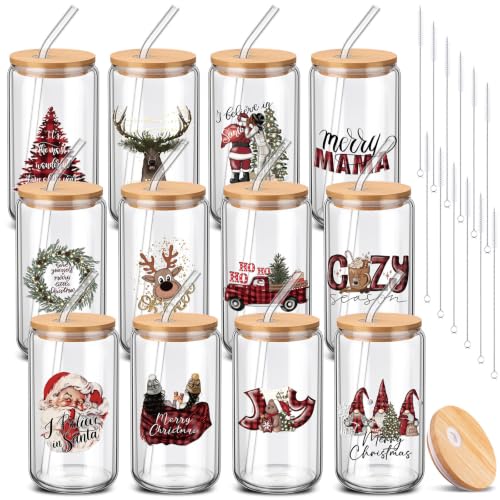 Christmas Glass Tumblers with Lids & Straws - Buffalo Plaid Truck Variation, 16 oz