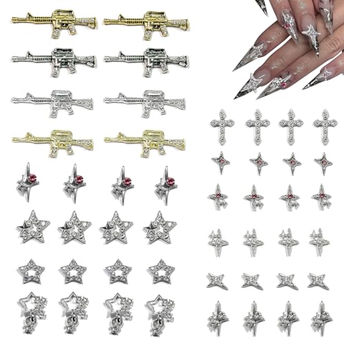 GAWRJ 48PCS Y2K Metal Star & Cross Rhinestone Nail Art Charms