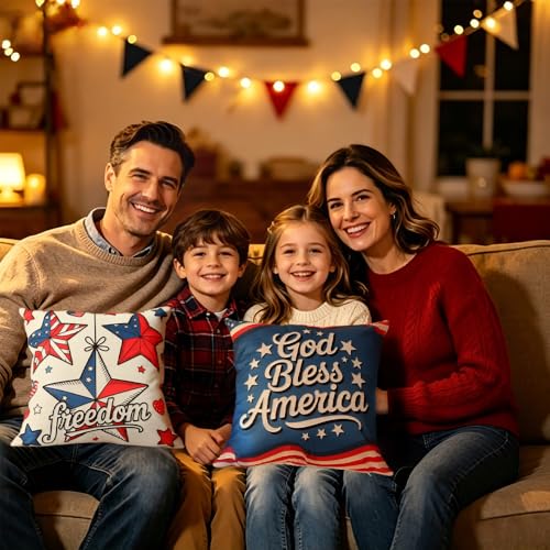 QPIXVB 18x18 Patriotic Throw Pillow Covers Set of 4 Red White Blue Outdoor Home Decor