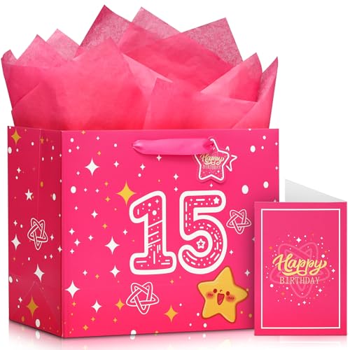 15th Birthday Gift Bag Set - Pink Starry Sky Design, Medium Size