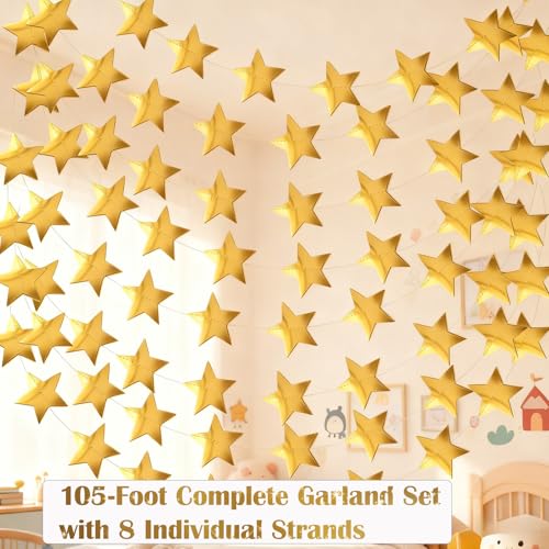 Gold Star Garland 105 Feet with 8 Glitter Paper String Decorations for Christmas, Wedding, Party