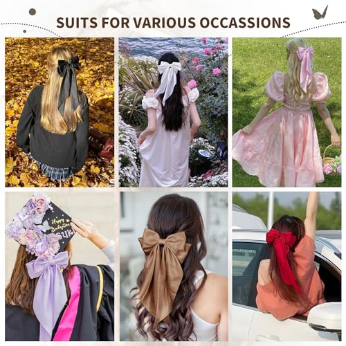 TINKRSTUFF 2 Pcs Silky Satin Big Hair Bows with Metal Clips, Large Long Tail French Barrette Hair Accessories for Women
