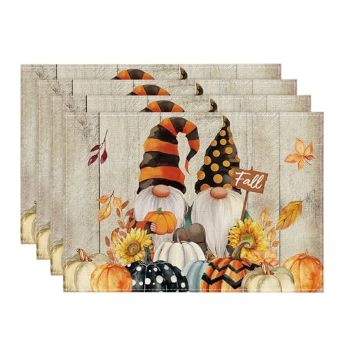 Wood Gnomes Pumpkin Fall Placemats Set of 4 - 12x18 Inch Rectangular Seasonal Table Decor