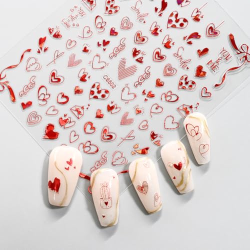 Valentine's Day 3D Self-Adhesive Heart Nail Stickers - 12 Sheets