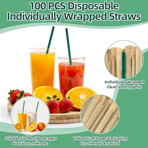 Sukh 100 Pack 6mm Green Plastic Drinking Straws, Individually Wrapped