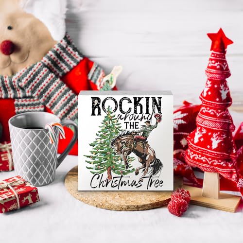 Western Cowboy Christmas Wood Sign - Rockin Variation, 5x5 Inch Holiday Decor