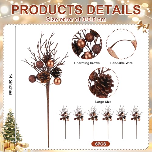 6 Pack Christmas Pinecone Picks 14.5 Inch Artificial Branches for Holiday Decor