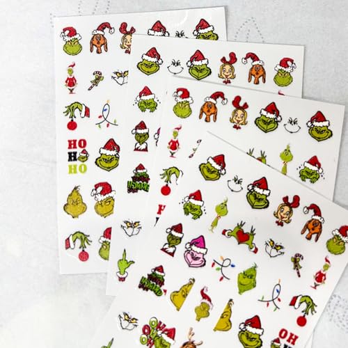 Christmas Nail Art Stickers - 4 Sheets 5D Self-Adhesive Winter Green Monster Decals