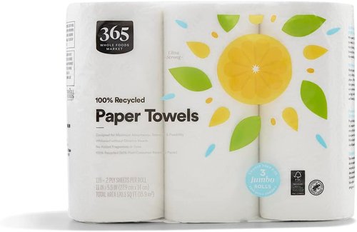 365 by Whole Foods Market Jumbo Paper Towels - Ultra-Strong, 100% Recycled, 135 Sheets per Roll, 3 Count