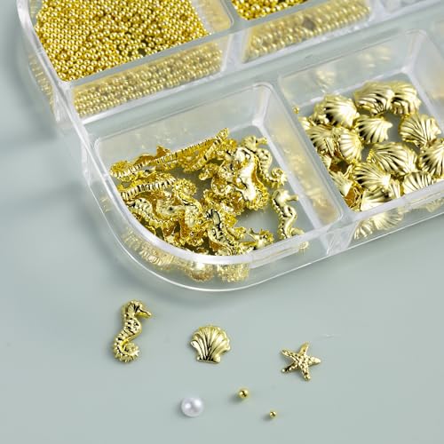 FSpronail Summer 3D Ocean Beach Nail Charms Gold Seashell Gems Set