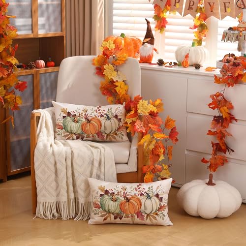 DFXSZ 12x20 Inch Fall Pumpkin & Maple Leaf Lumbar Pillow Cover - Orange, Green, White, Polyester, Thanksgiving Home Decor Pack of 1