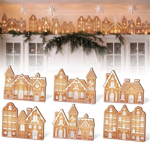 Classic Wooden Gingerbread House Decor Set with LED Lights for Above The Cabinet - Farmhouse Christmas Village Silhouettes