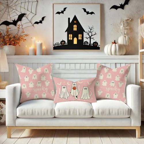PANDICORN Pink Ghost Halloween Throw Pillow Covers, 18x18, Set of 2