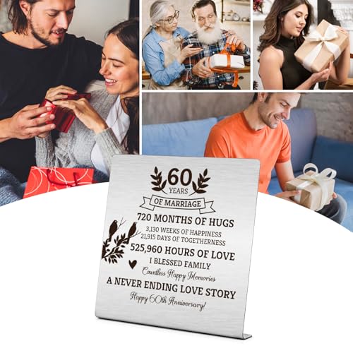 60th Wedding Anniversary Keepsake Plaque - 4x4 Inch Stainless Steel Desk Sign for Couples Parents